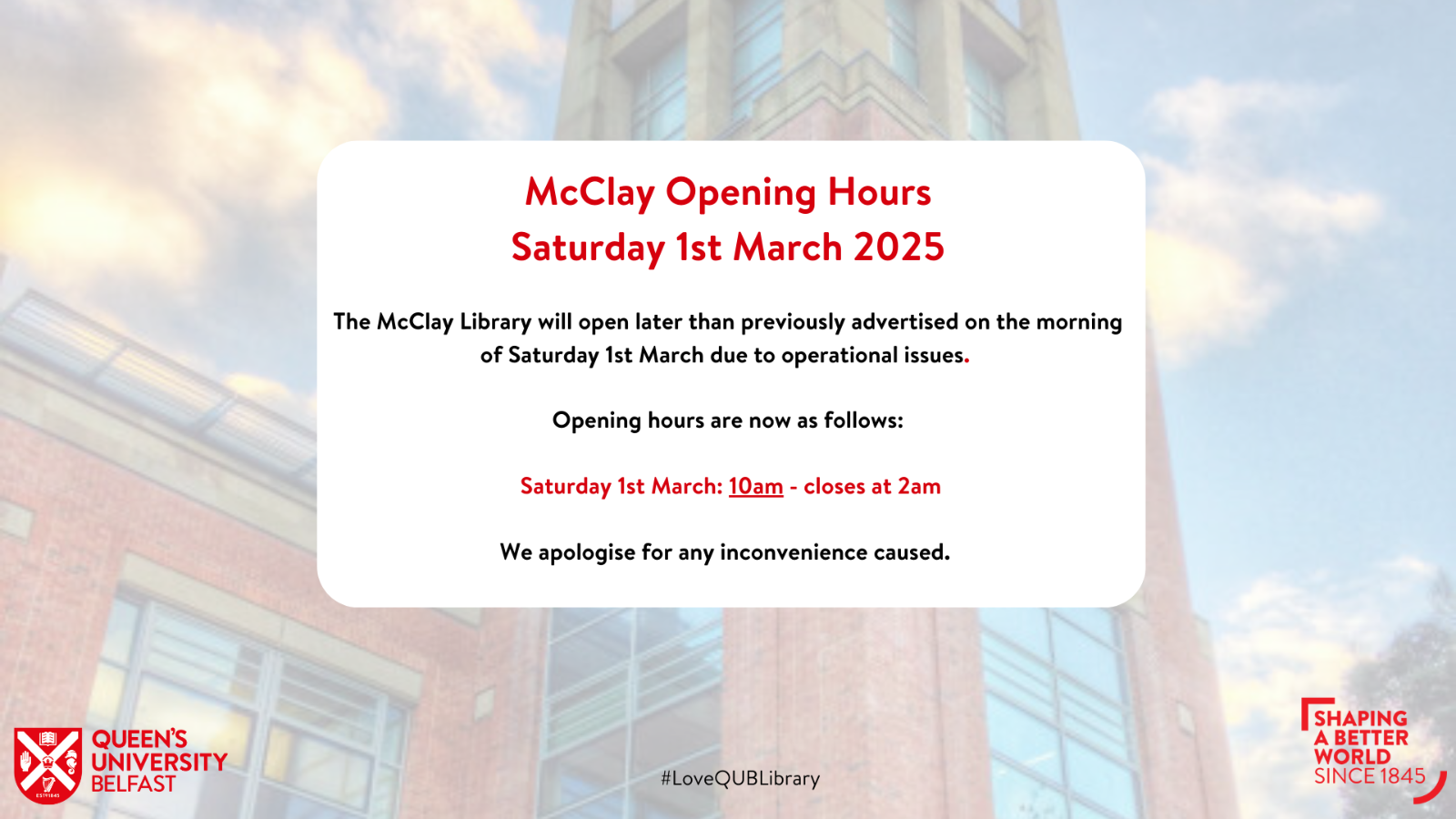 Infographic displaying McClay Opening Hours Saturday 1st March 2025 and notifying that it opens at 10am and closes at 2am